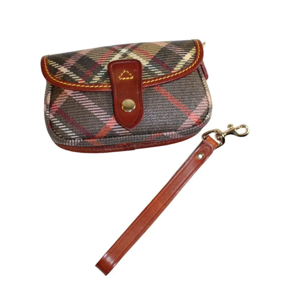 Dooney And Bourke Tartan Plaid Tan And Brown Leather Accent Wristlet
